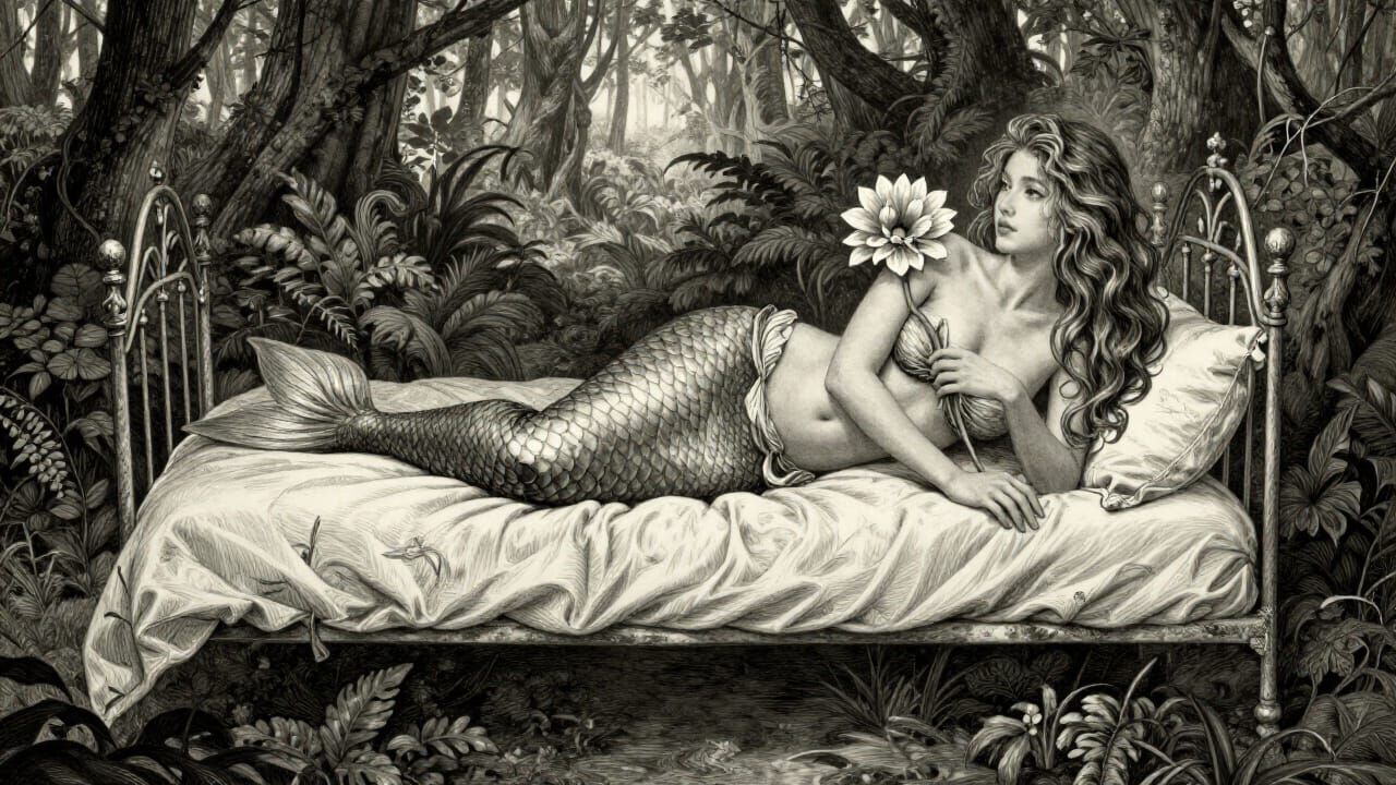 Realistic Siren Illustration on Floating Bed in Enchanting F...