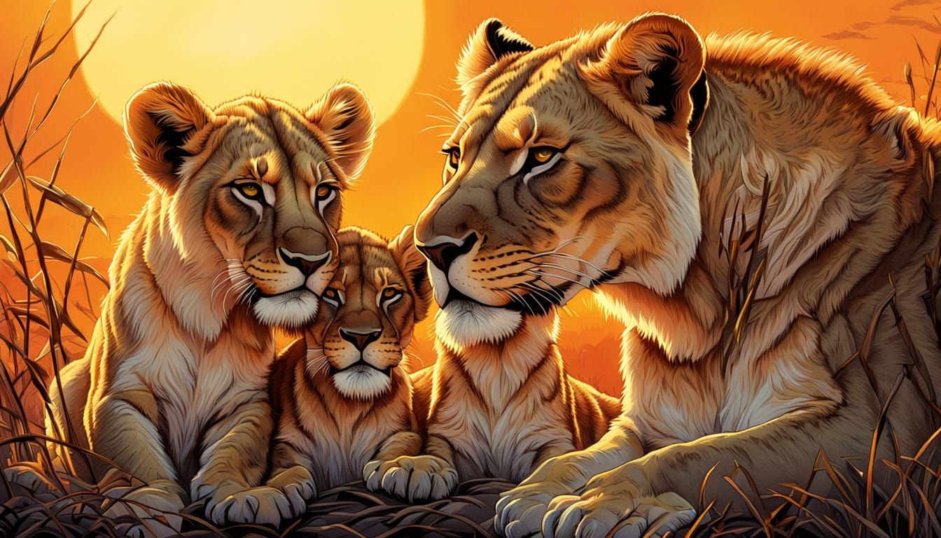 Majestic Lioness Tenderly Nuzzles Her Cubs in Warm Golden Li...