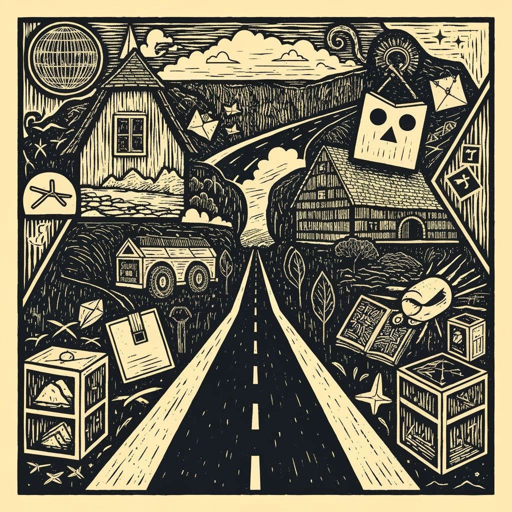 Stylized Woodcut of Traveler on Winding Road