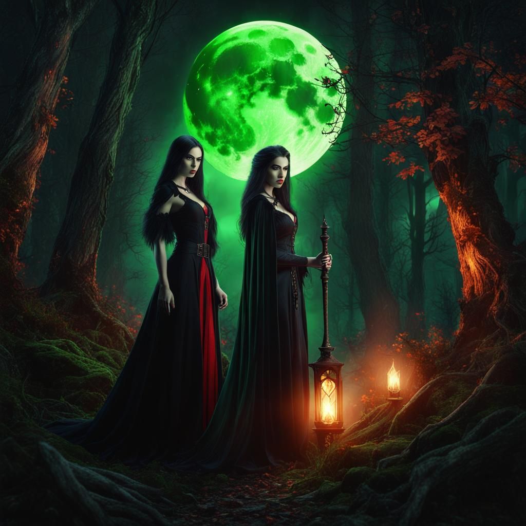 Witch and Vampire in Forest Under Full Moon