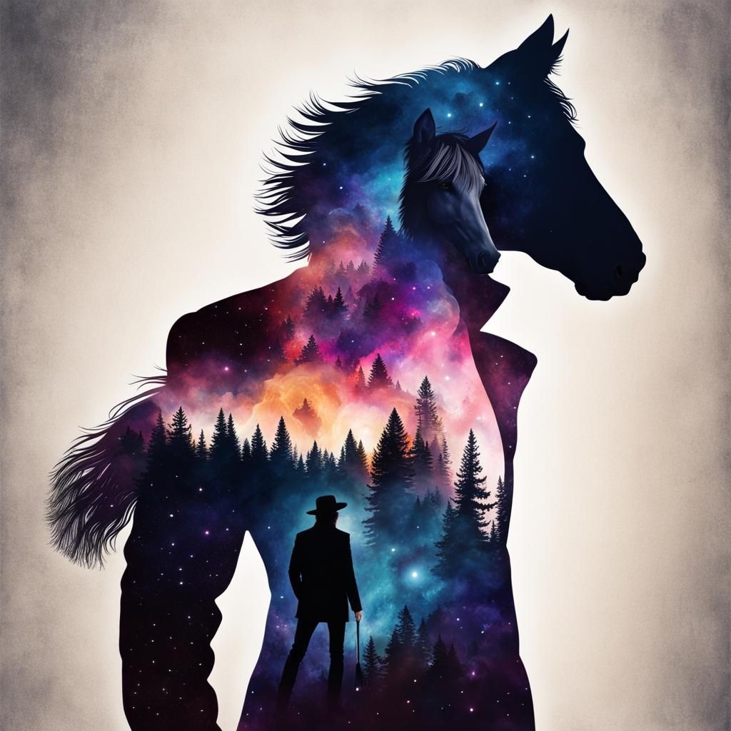 Double Exposure Art: Man, Horse, Wolf, Nebula