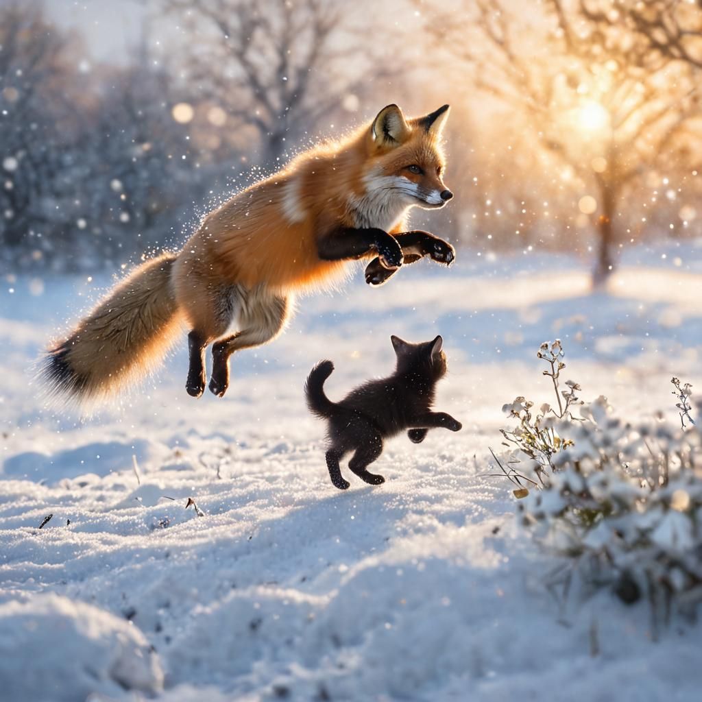 Ethereal Fox and Kitten in Snowy Landscape