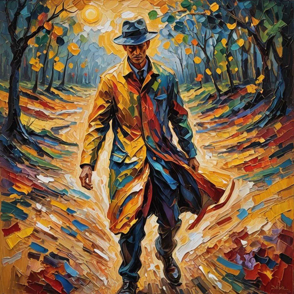 Dynamic Figure in Expressionist Neo-Impressionist Landscape