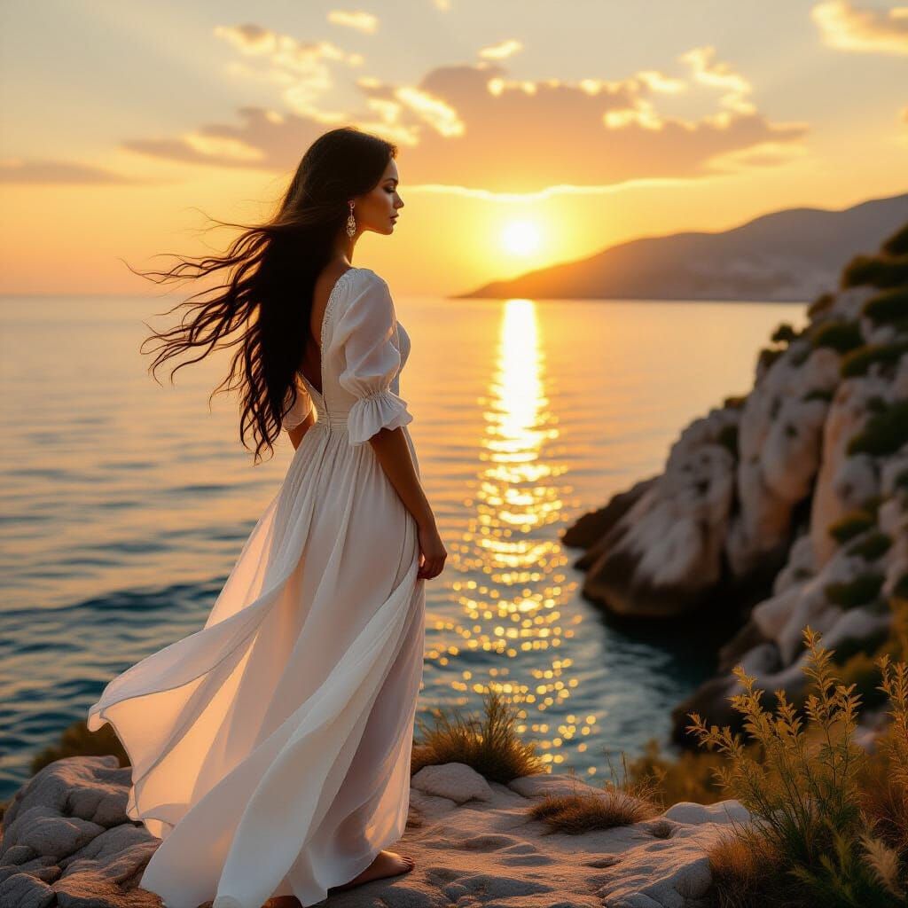 Albanian Woman on Cliff at Sunset, Renaissance Style