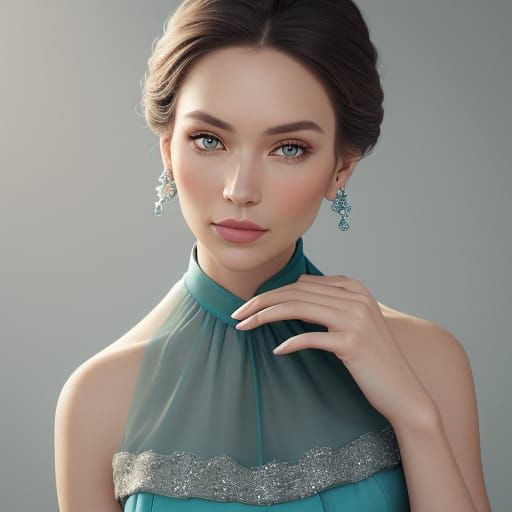 Elegant Woman in Teal Gown, Captured with High-End Studio Li...