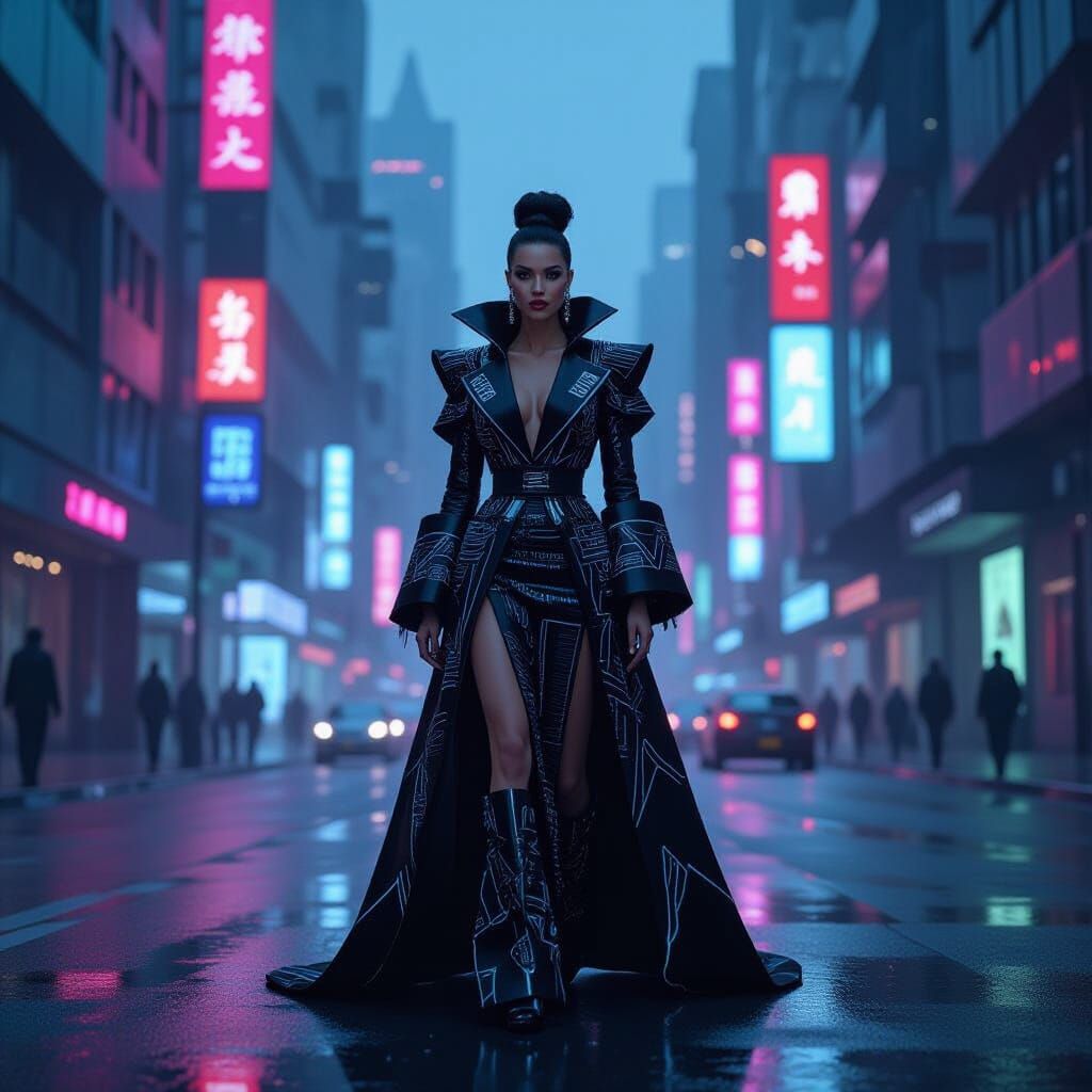 Cyberpunk Woman in Bioluminescent Haute Couture on Neon Stre...