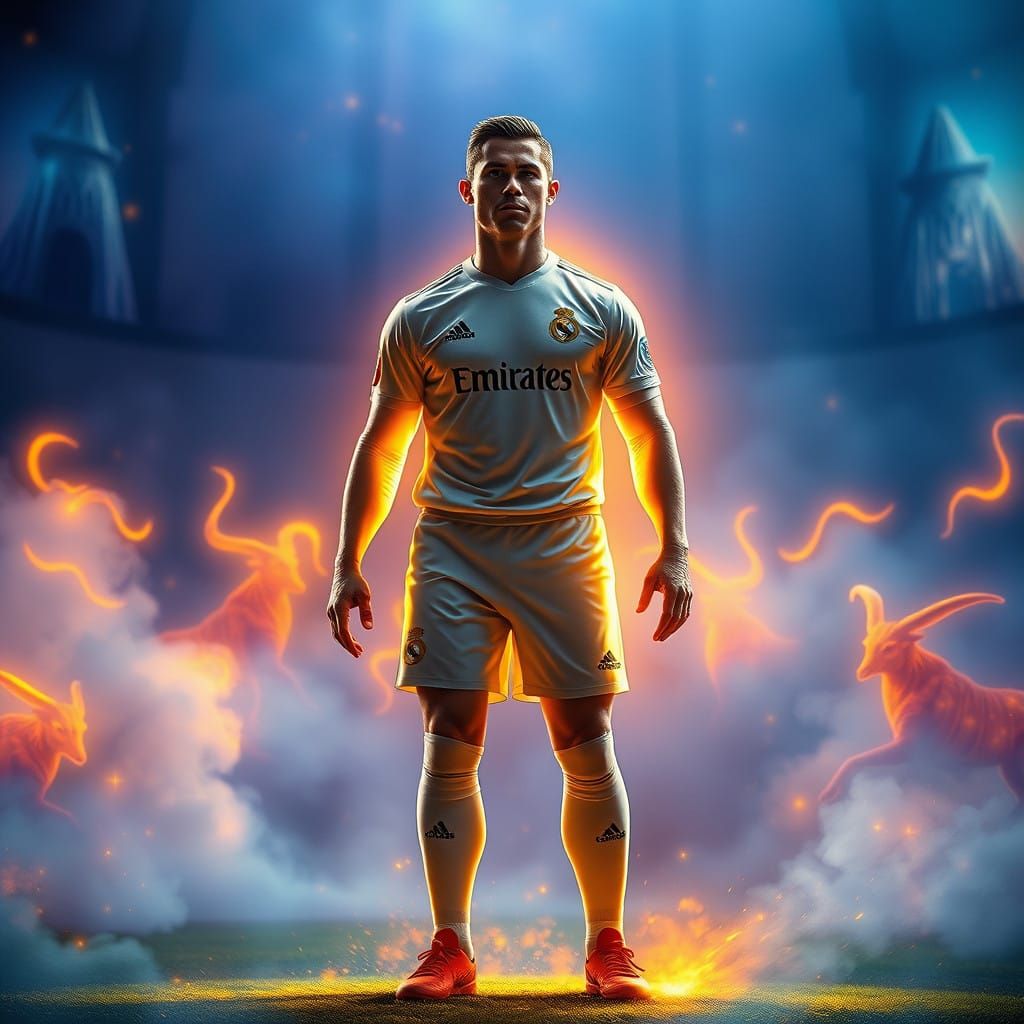 Heroic Soccer Star in Vibrant Dreamlike Arena