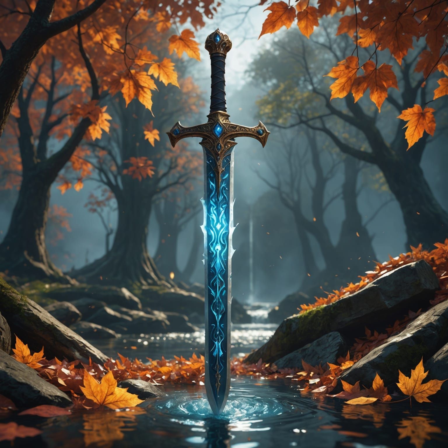 Elemental Sword of Water, Fire, and Leaves