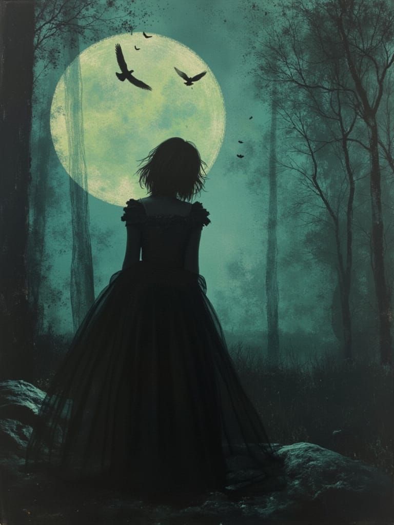 Contemplative Woman in Misty Forest, Mixed Media Style