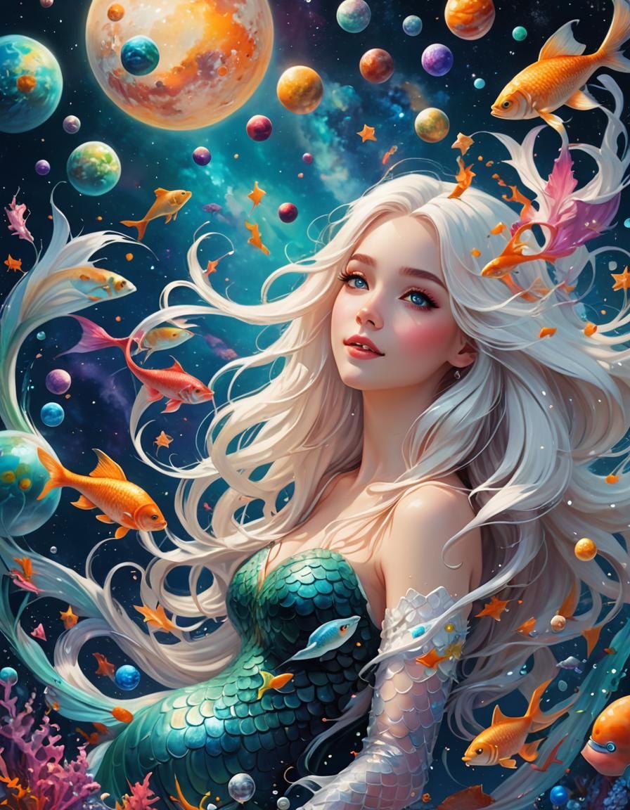 Happy Mermaid Drifting Through Space in 3D