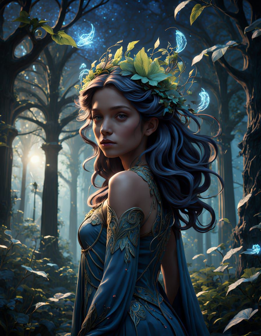 Art Nouveau Goddess in Bioluminescent Forest