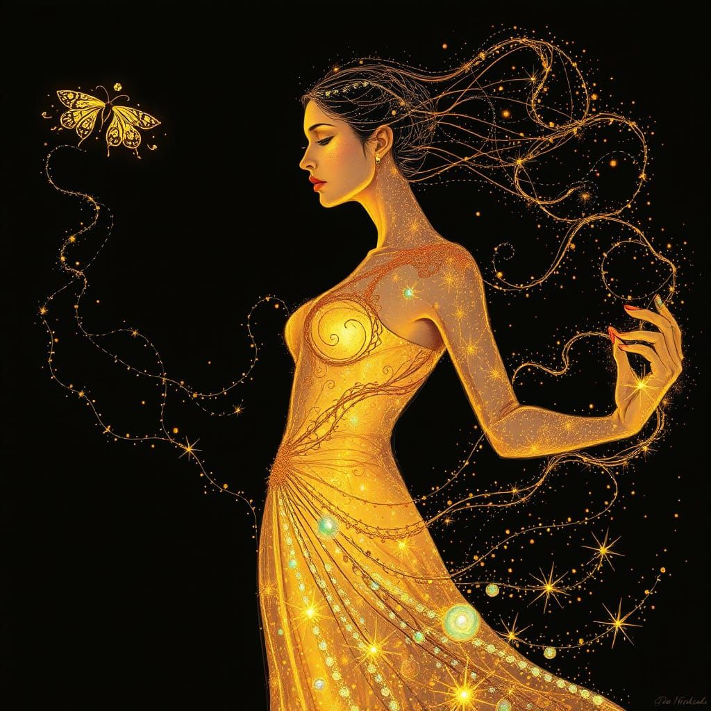 Woman's Shadow Becomes Aura with Klimt-Inspired Filigree