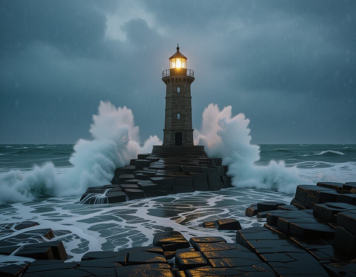 Lighthouse in Stormy Sea: Hyper-Realistic Digital Art
