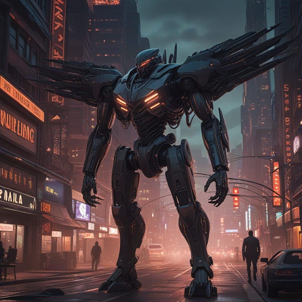 Mecha Hawk Towering Over a Dark Cityscape in Futuristic Indu...