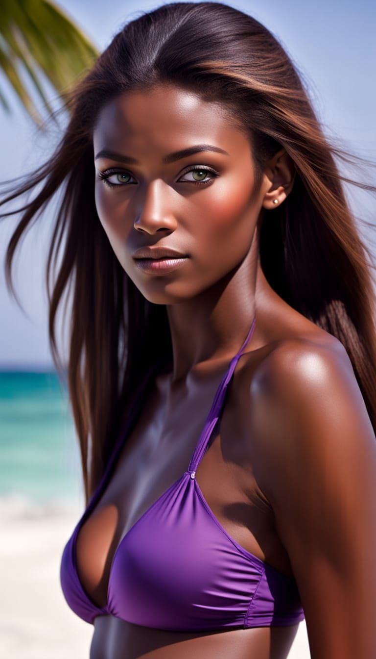 African Woman Portrait on Tropical Beach, Hyperrealistic Pho...
