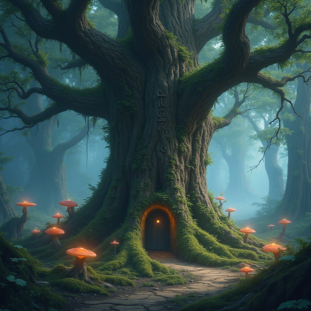 Ancient Tree with Glowing Runes in Enchanted Forest