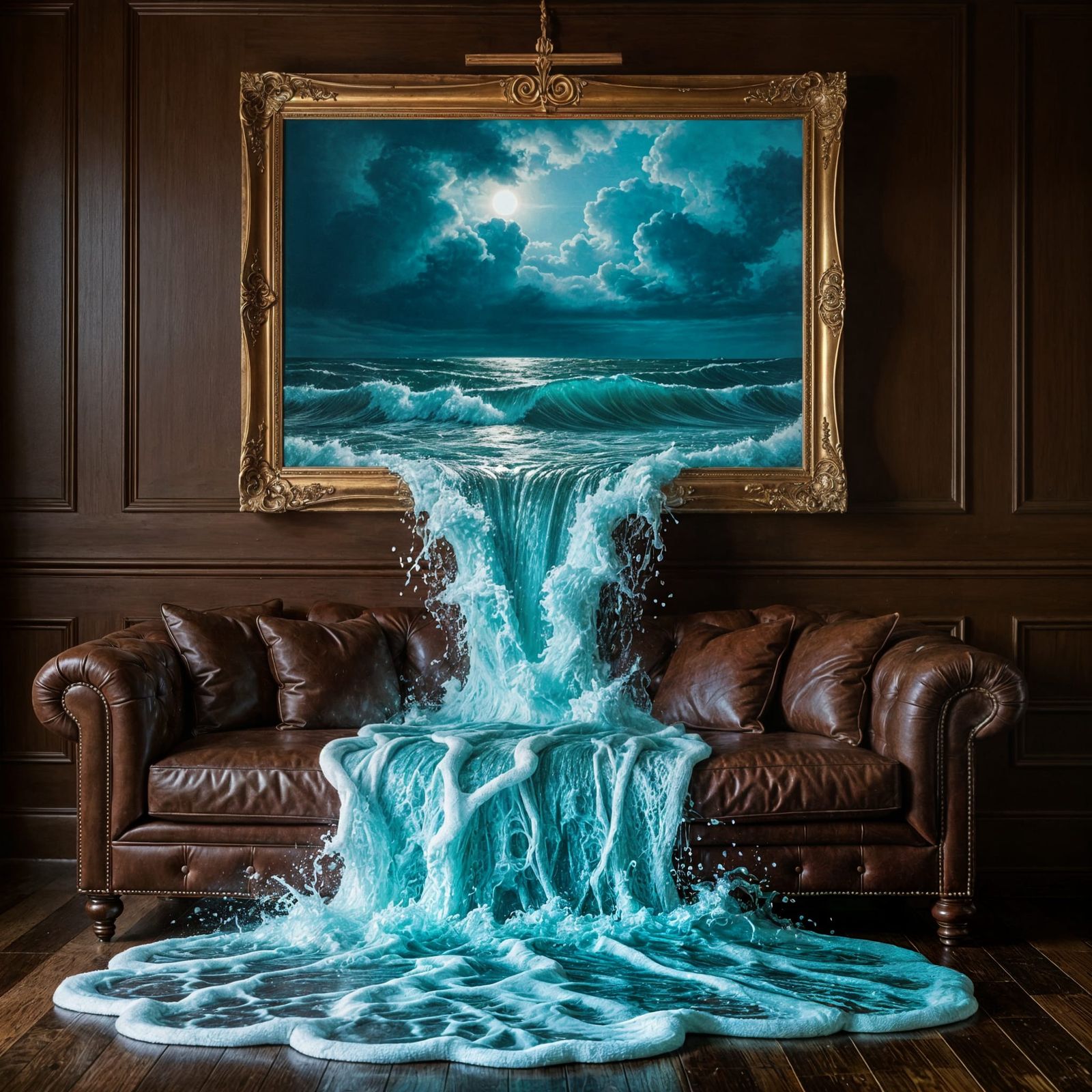 Turbulent Sea Painting Creates Waterfall in Room