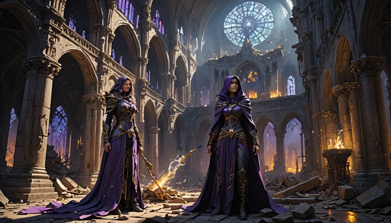 Sorceress Summons Magic in Ruined Cathedral