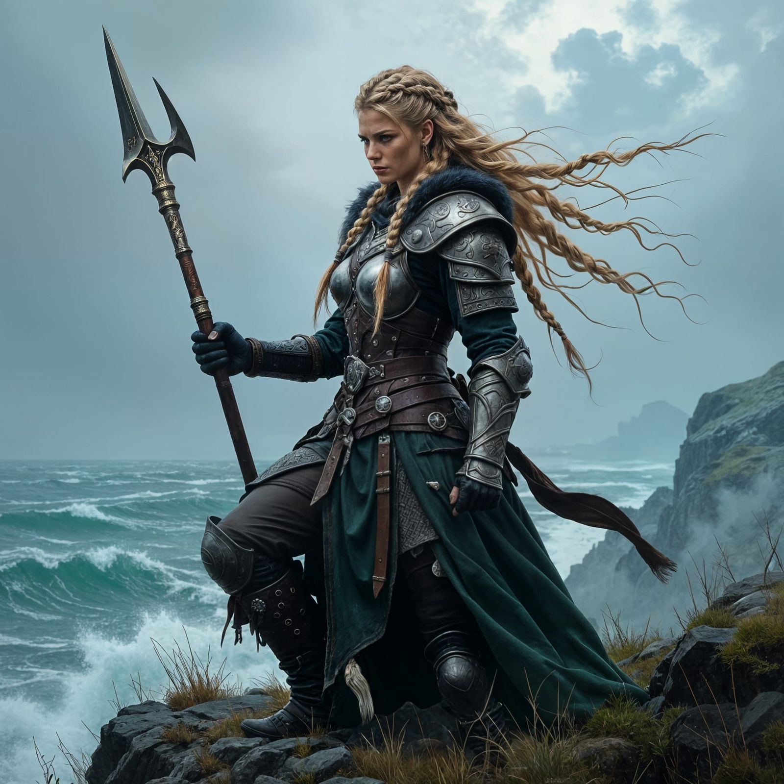 Viking Warrior Maiden on Stormy Cliff in Frazetta Style