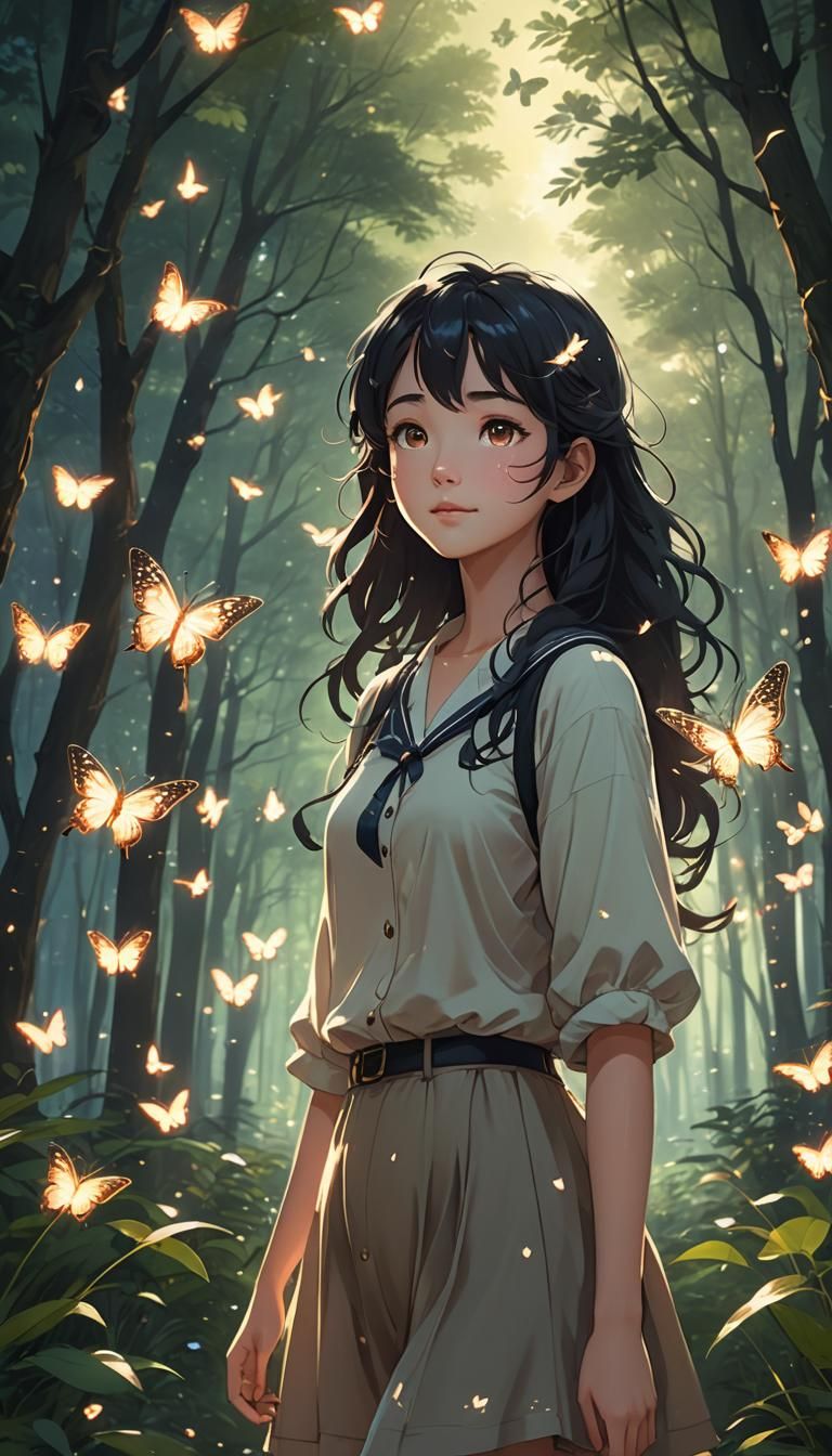 Magical Forest Manga Girl with Butterflies