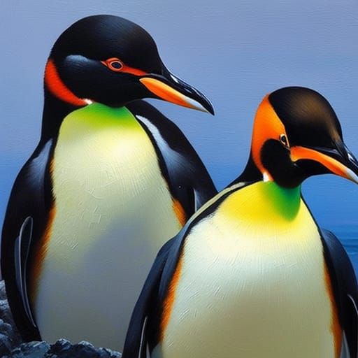 Penguins with Eyepatches in Oil Painting Style