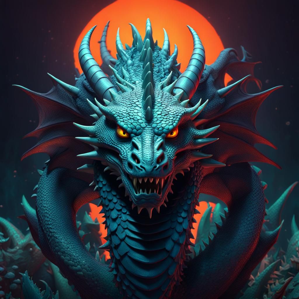 Fifty-Headed Sea Dragon with Demon Woman: 3D Art