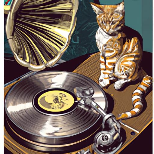 Tabby Cat Listens to Phonograph in Comic Book Style