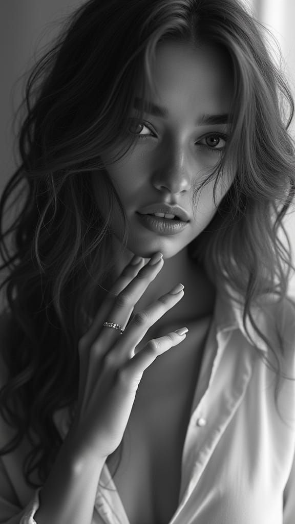 Monochrome Portrait of Woman with Flowing Hair