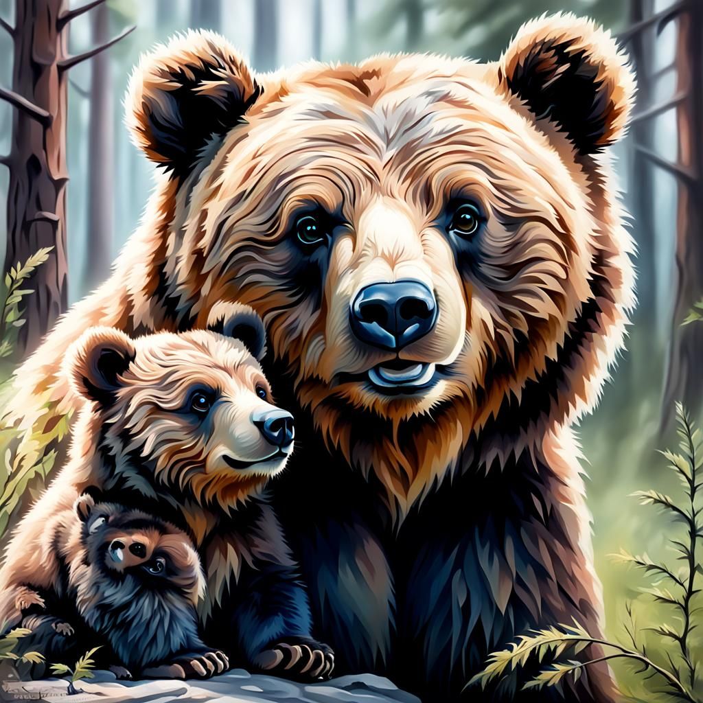 Fluffy Bear Cub with Mama Bear in Airbrush Style