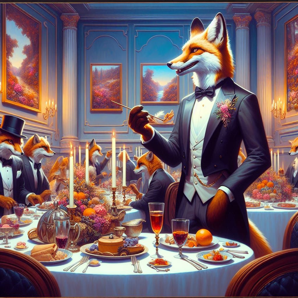 Anthropomorphic Fox in Tuxedo at Fantasy Dinner Party
