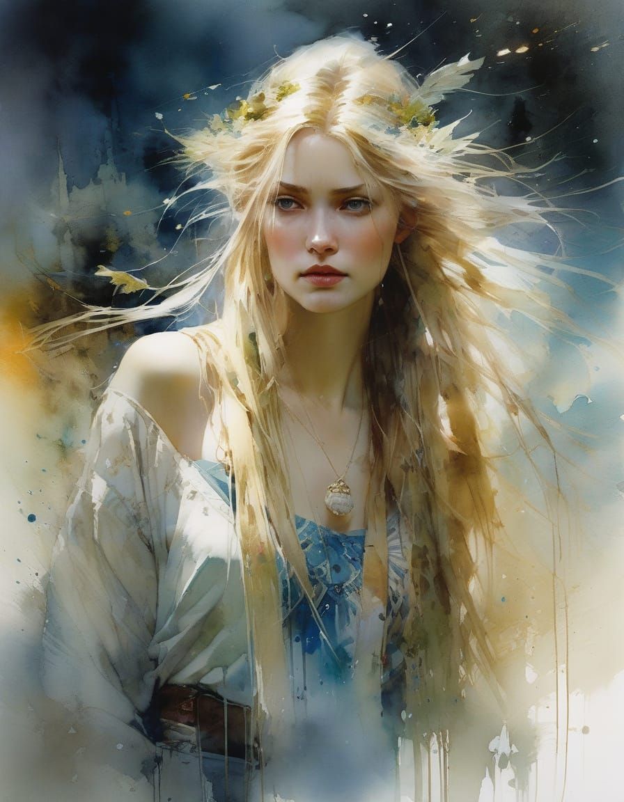 Watercolor Portrait of a Beautiful Nordic Goddess