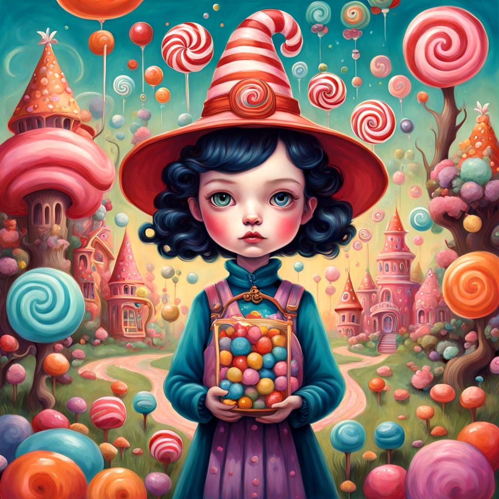 Whimsical Cat Witch in a Vibrant Candy Kingdom