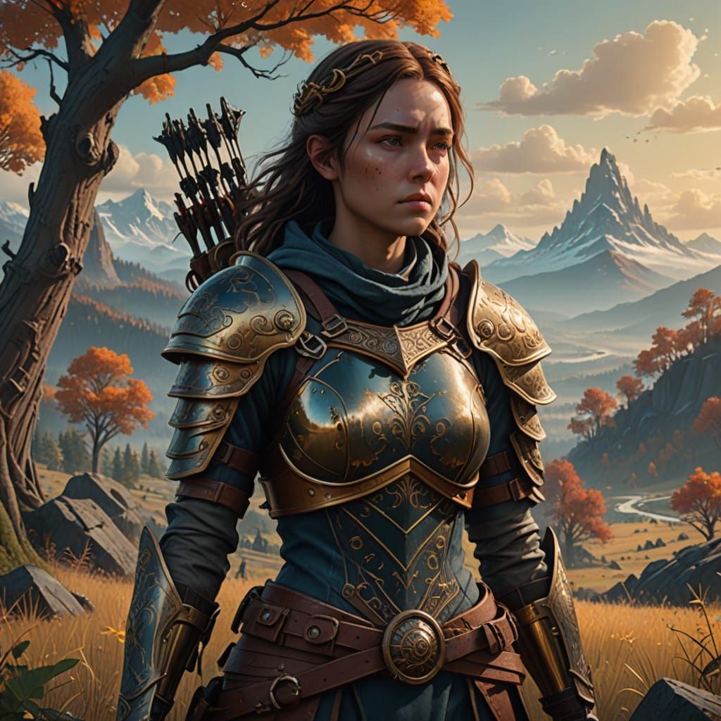 Medieval Woman with Regal Crossbow in Earth-Toned Armor