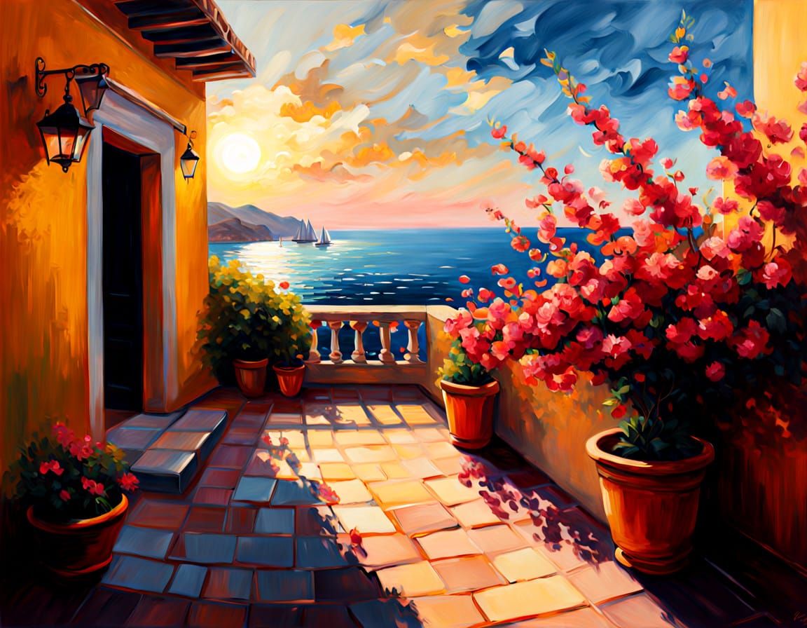 Mediterranean Sunset Overlooking Sea in Van Gogh Style