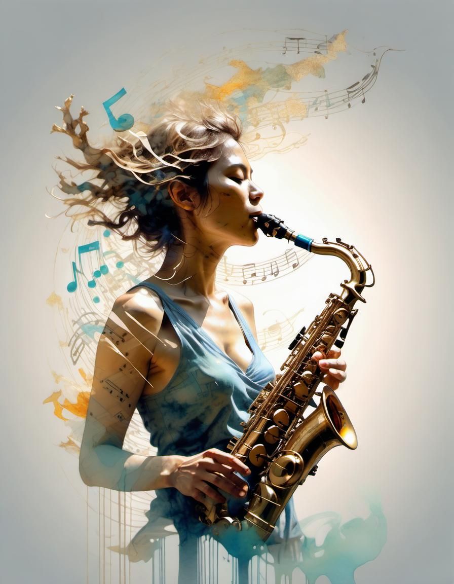 Electric Saxophone Player in Watercolor Style