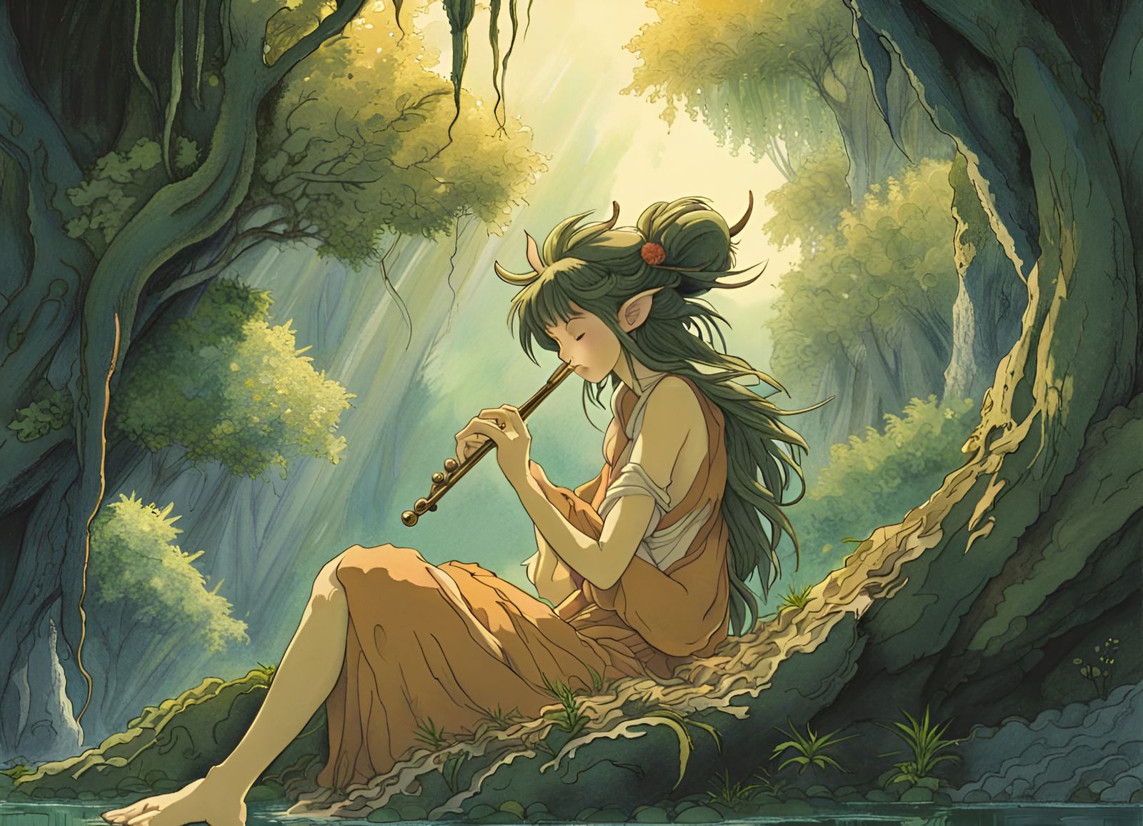 Female Satyr Playing Flute: Anime-Inspired Digital Art