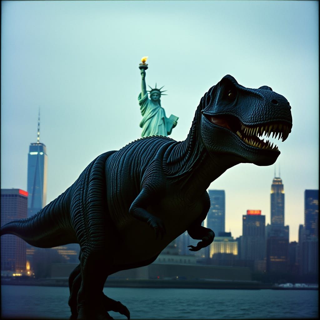 T-Rex Attacks Liberty in Blockbuster Film Style