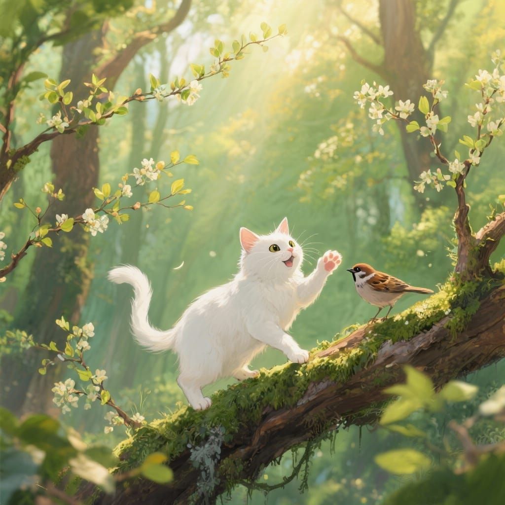 Playful Cat and Sparrow in Enchanted Spring Forest