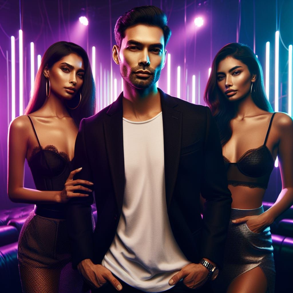 Confident Man Poses in Neon-Lit Nightclub with Two Women