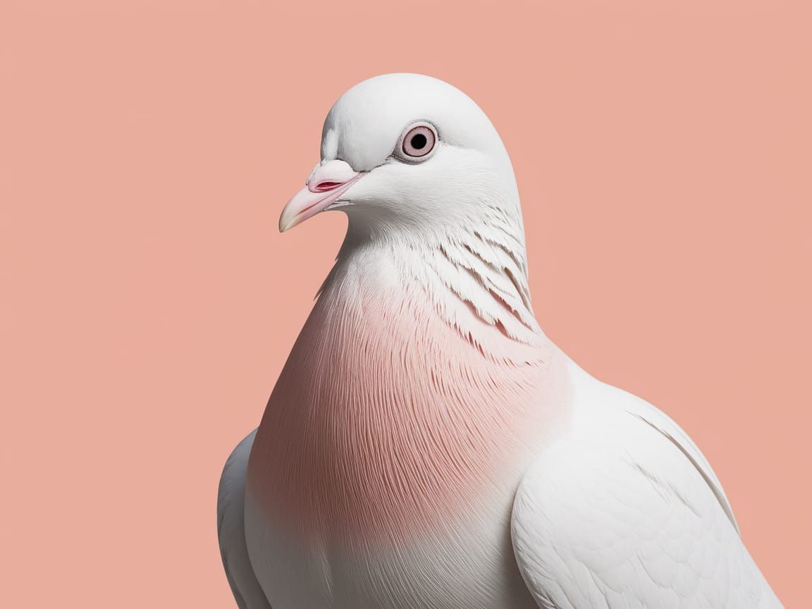 Surreal Close-Up of a Delicate White Pigeon in Soft Peach Hu...