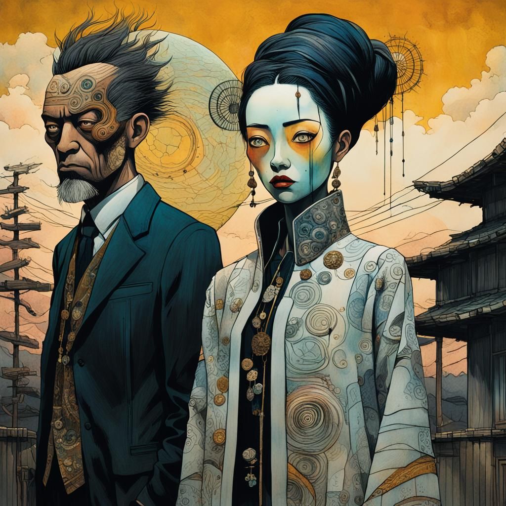 Stylish Couple at Dawn in Mixed Media Art