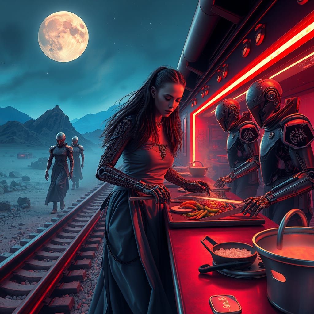 A dystopian, grimdark, interspecies kitchen amidst a futuris...