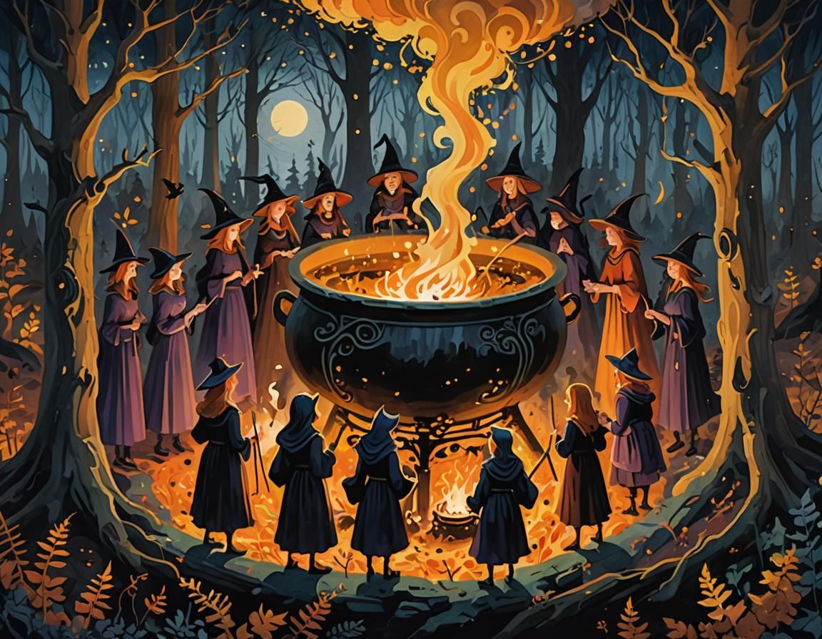 Witches Gather in Forest: Gouache Painting