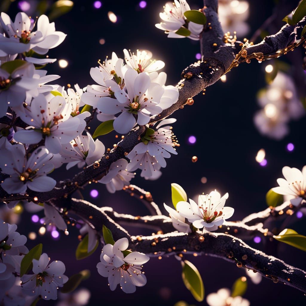 Almond Branch at Night with Gold and Purple Lights