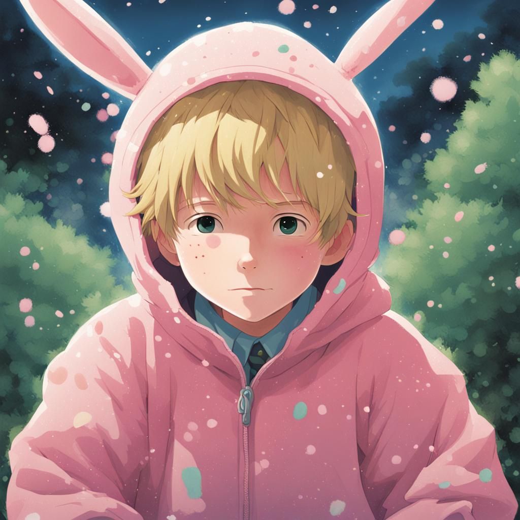 blonde haired boy in pink bunny suit