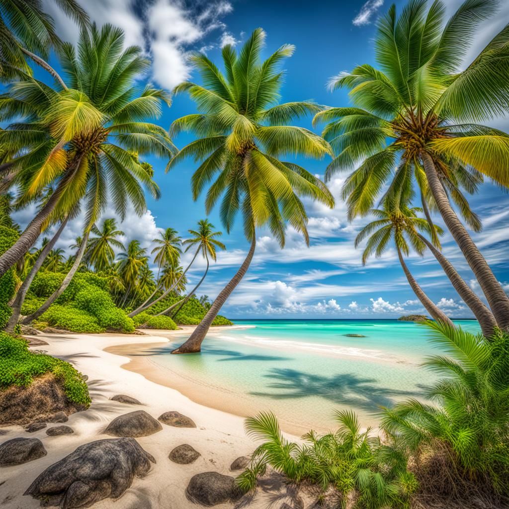 Vibrant Tropical Beach with HDR Palm Trees