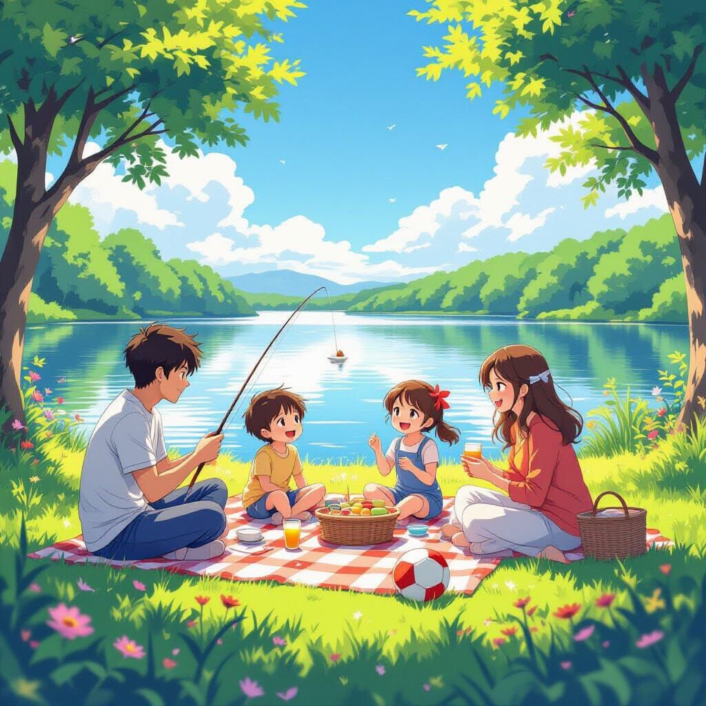 Joyful Family Picnic by Lake in Manga Style
