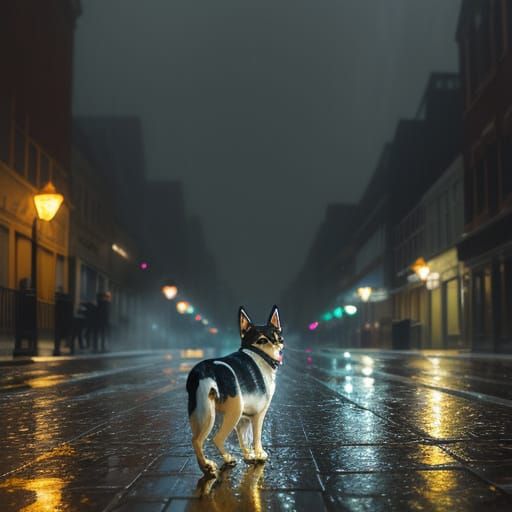 City Dog Runs in Rainy Streets in Impressionist Oil Painting