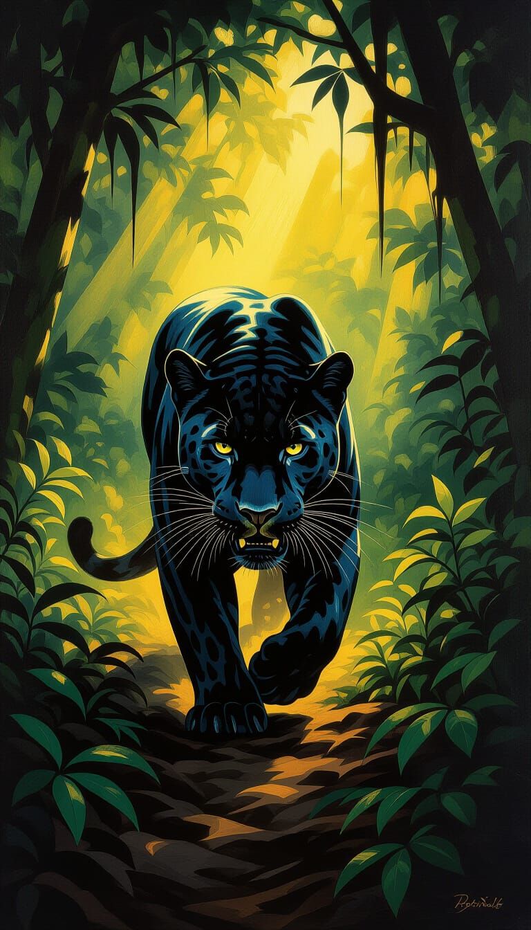Epic Black Jaguar Emerges From Dark Forest in Painterly Styl...