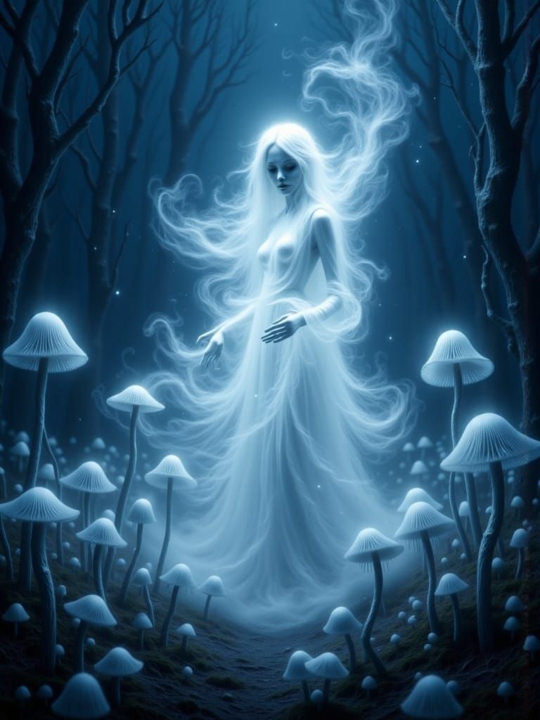 Ethereal Celestial Figure in Bioluminescent Forest